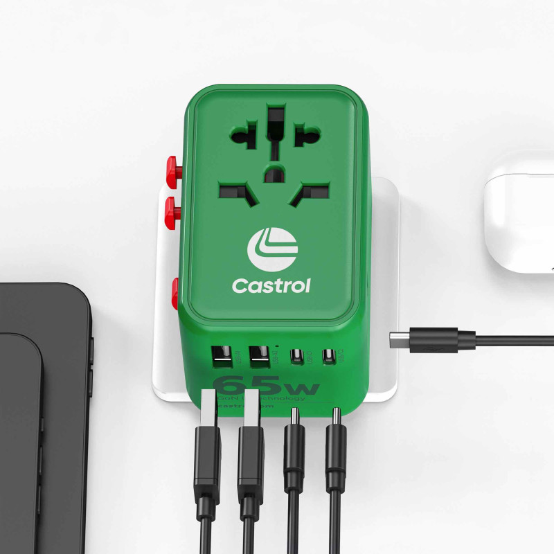 GaN-III Universal Travel Adapter & Charger 65W :: Castrol Green / Castrol Red
